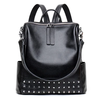 

Backpack women's design Genuine leather handbags Retro rivet Rucksack Cowhide leather Knapsack travel bag fashion wild backpack