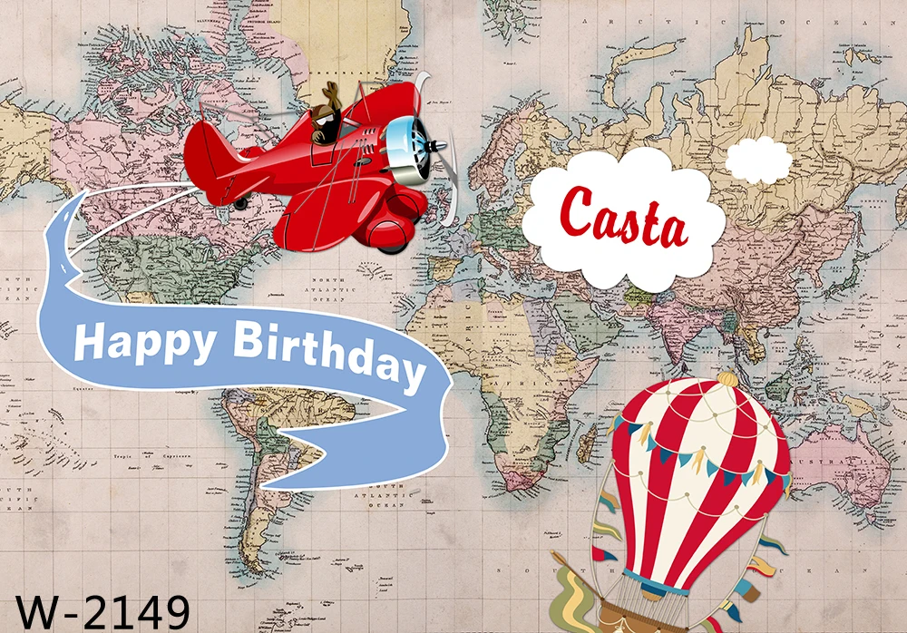 HUAYI карта мира Приключения ждёт день рождения фон воздушный шар старый самолет дети 1-й День Рождения Вечеринка фото фон Фотофон - Color: Fuchsia