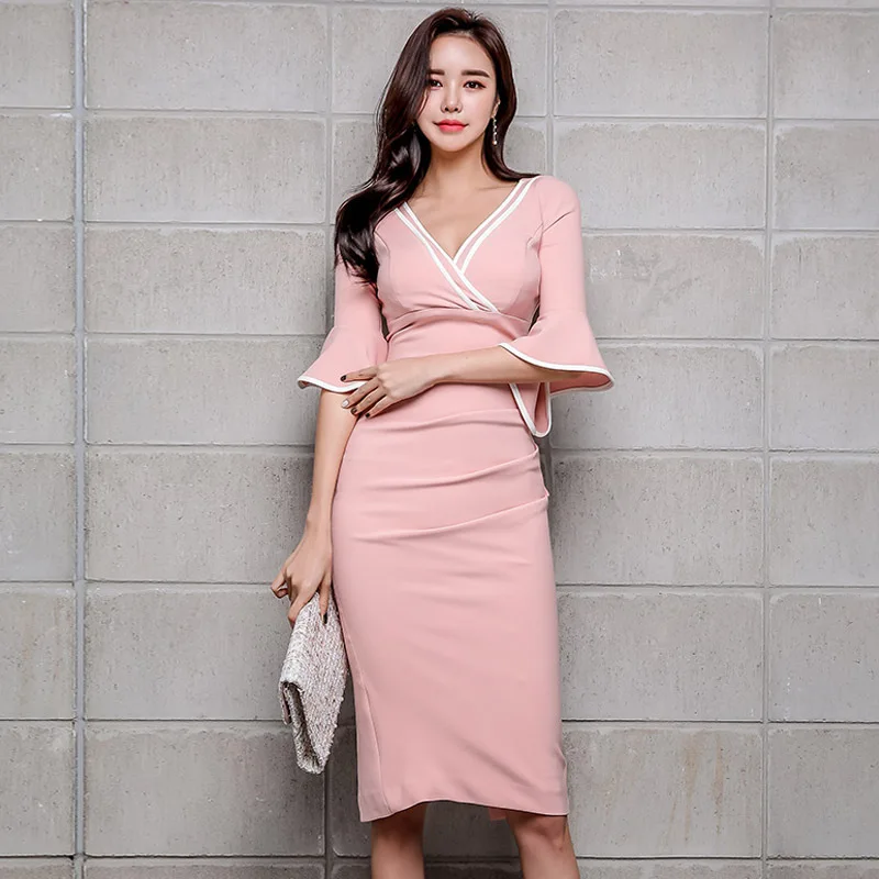 

New Arrival 2019 Pink Fall Clothes Bodycon Dress Ladies Solid Empire Sexy Party Dress Women Half Flare Sleeve Wrap Midi Dressess