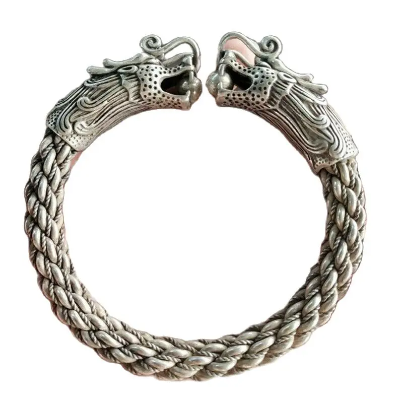 

China Old Tibetan Silver Double Headed Dragon Silver Bracelet Men's Bracelet