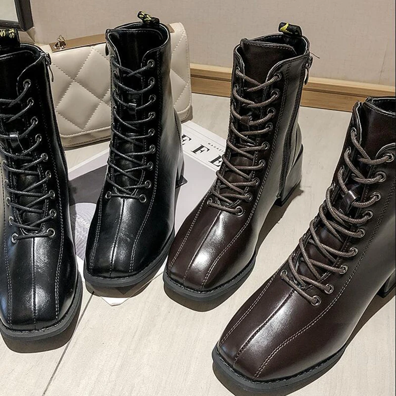 

Winter Boots Women Shoes Woman Boots Fashion PU Square Toe Ankle Boots Retro Booties 2019 Winter New Short Fur Warm Boots X462