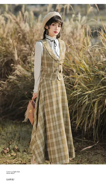 Fato xadrez feminino com cordões, camisa de colete, saia maxi, estilo inglês,  roupas vintage, senhoras elegantes, primavera, outono, conjunto de 3 peças  - AliExpress