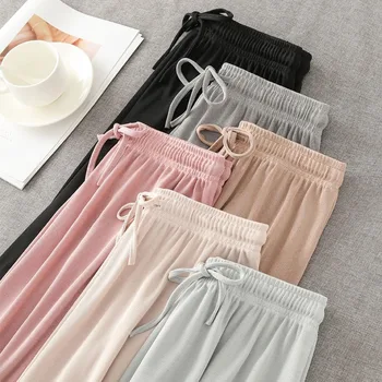 

Ice Silk Wide-Leg Long Pants Women Korean High Waist Straight Pants Casual Loose Office Lady Summer New Trousers Plus Size Slim