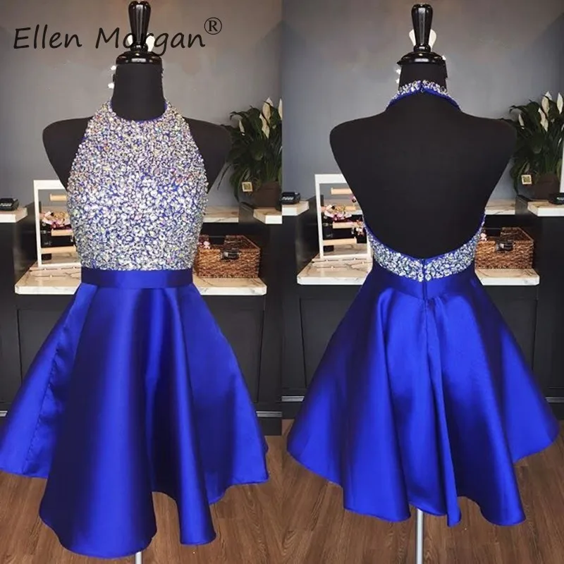 Royal Blue Короткие атласные платья Королевского синего цвета для выпускного вечера для девочек-подростков, Короткие вечерние платья с лямкой на шее, вечерние коктейльные платья - Цвет: Royal Blue