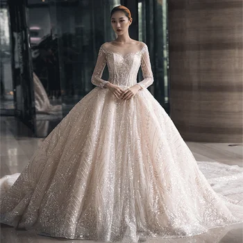 

BGW HT4926 Round Neck Ball Gown Wedding Dresses Long Sleeves Hollow Out Lace Up Back Vestido De Novia Princesa With Long Train