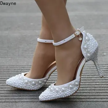 

Large Size High Heels Luxury String Bead Rhinestone Wedding Shoes White Bride Party Single Shoes Elegant Womens Shoes 33,42,43