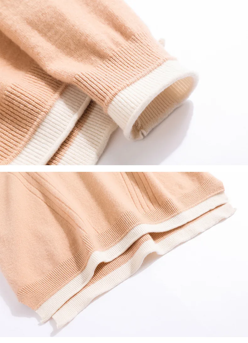XJXKS Fashion V-neck splicing sweater women pullover autumn winter new large size high-end wool women knitted sweater