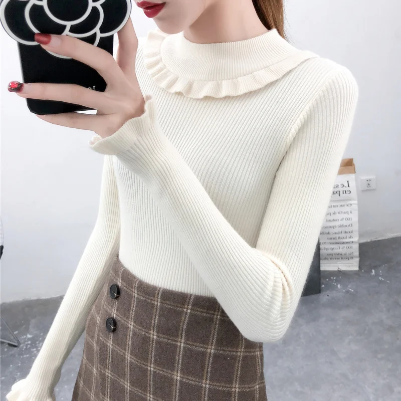 Kintted Women Sweater Solid Color Long Sleeve Jumpers Korean Slim Fashion Autumn Spring Base Pullover Black White Apricot Blue Kintted Women Sweater Solid Color Long Sleeve Jumpers Korean Slim Fashion Autumn Spring Base Pullover Black White Apricot Blue