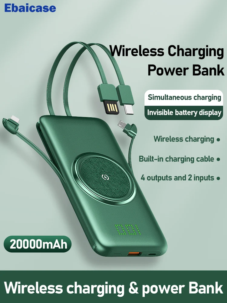 Ebaicase-cargador inalámbrico de 20000mah, Banco de energía para Xiaomi, iPhone, Samsung, batería externa integrada con 4 Cables