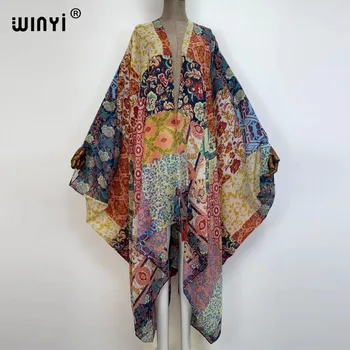 WINYI 2022 Summer Sexy See Long Kimono Kaftan stitch  Beachwear loose Cardigan Women party beach Swimsuit Cover Up Outdoor Robe 1
