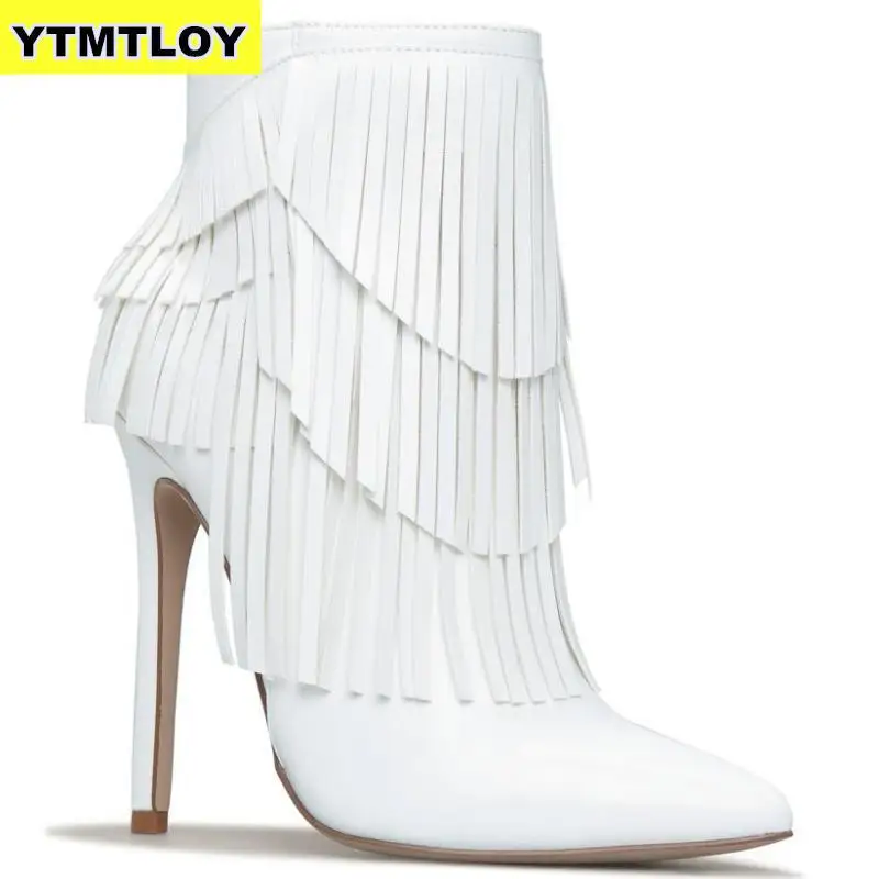 Лидер продаж; женские ботильоны с кисточками на высоком каблуке-шпильке; сезон осень-зима; женские ботинки ручной работы с бахромой и острым носком; Botas Mujer - Цвет: White