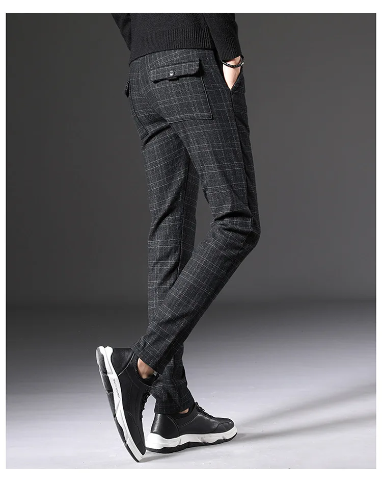 Autumn Winter Thick Suit Pants Men Slim Fit Fashion Black Grey Plaid Formal Dress Pants Plus Size Business Casual Mens Trousers