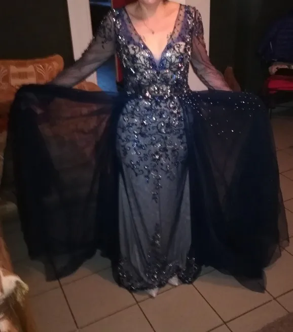NAVY Long Sleeve Erosebridal красное вечернее платье с длинным рукавом V образным вырезом Длинные вечерние платья вечернее платье/платье со шлейфом 5 цветов - Цвет: NAVY Long Sleeve