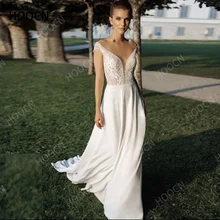 

HERBURNL Elegant Wedding Dress Sheer Neck Cap Sleeve Lace Appliques Button Satin Sweep Train Bride Gown Vestidos De Noiva