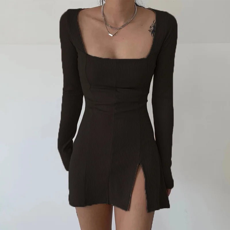 Women's Sexy Knit Bodycon Dress Gothic Square Neck Long Sleeve Mini Sweater Dress Rave Festival Clubwear Slim Dress sweater dress