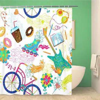 

Bathroom Shower Curtain Funky Cute Funny Colorful Teenage Hipster Lifestyle Pattern 66x72 inches Waterproof Bath Curtain Set