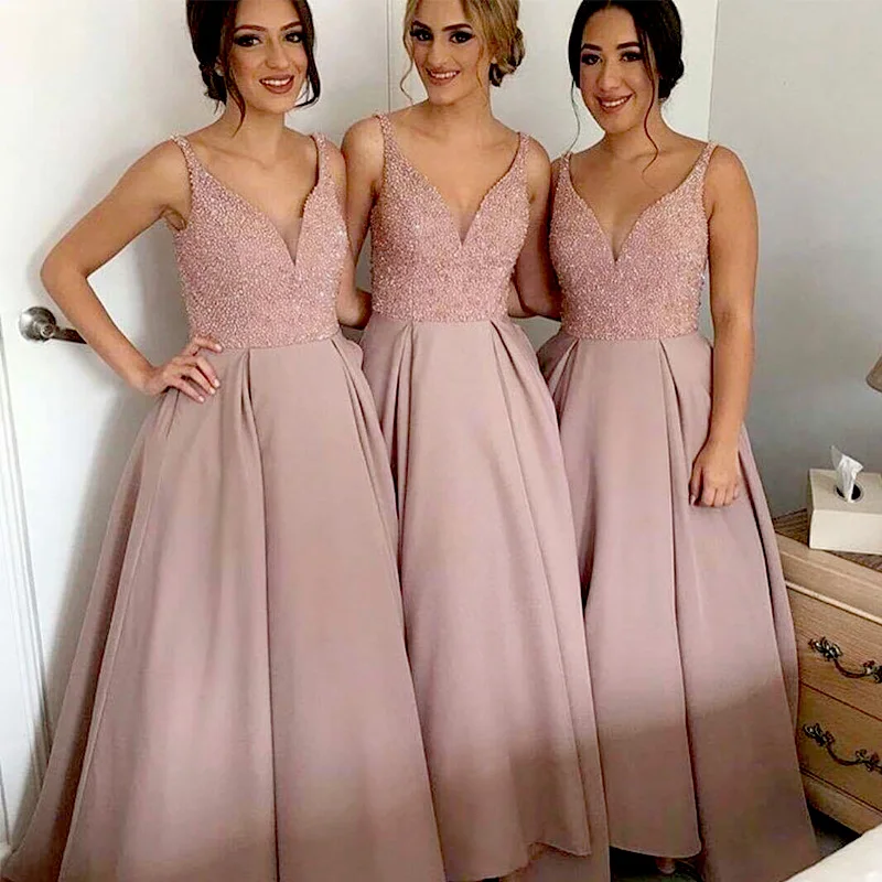 Nieuwe Aankomst Diepe V Roze Crystal Kralen Prom Sexy Baljurken Backless Plooi Ruches Lange Robe De Soiree 2018 Bruidsmeisje jurken Nieuwe Aankomst Diepe V Roze Crystal Kralen Prom Sexy Baljurken Backless Plooi Ruches Lange Robe De Soiree 2018 Bruidsmeisje jurken