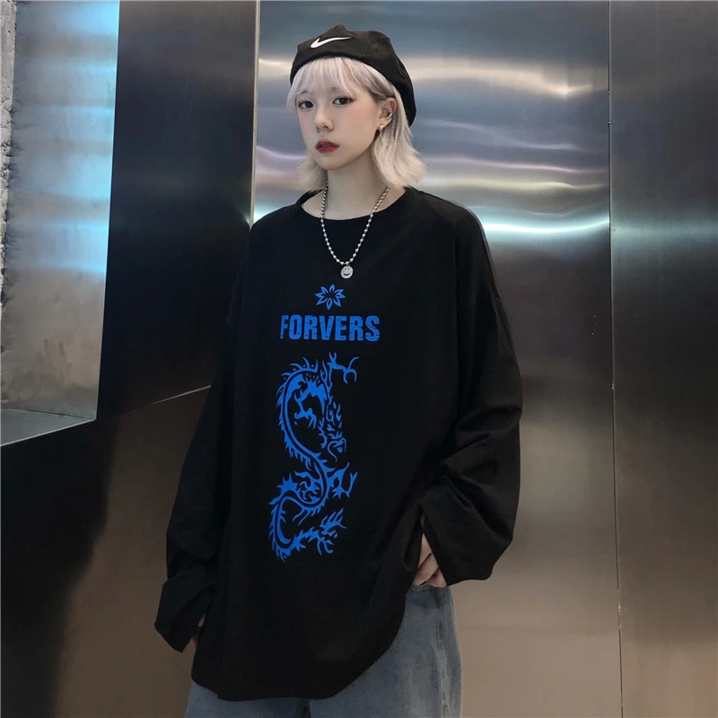 Корейский уличная Harajuku Дракон Письмо Графический принт свободная Осенняя Футболка Топ длинный рукав зимний мужской пуловер Панк
