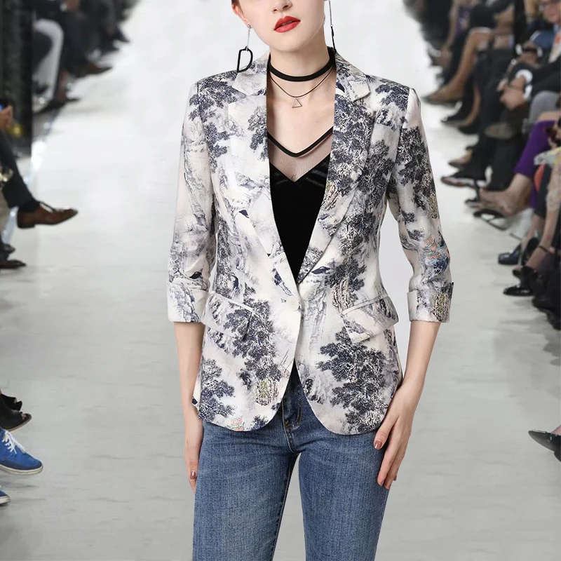 

European Vintage Notched 3/4 Sleeve Printed Blazer Feminino 2019 Autumn Single Button 100% Cotton Women Blazer