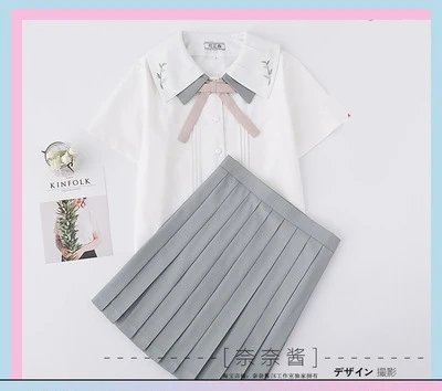 short short Jk школьная форма с двойным кукольным воротником, милый повседневный костюм моряка для девочек, платье, милый элегантный костюм с изысканной вышивкой и бантом, топ+ юбка - Цвет: short short
