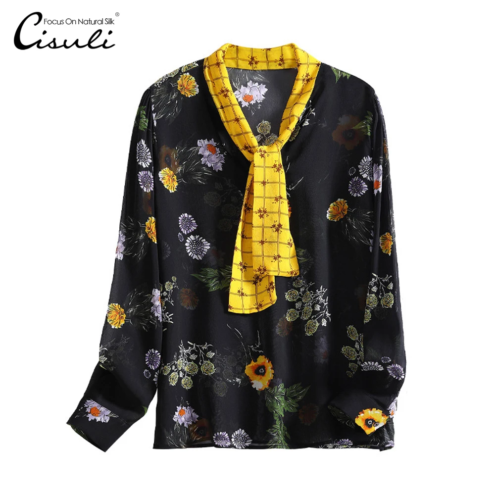 CISULI Silk Georgette Shirts Long Sleeve Floral Printing Blouse women New Desigual Blusas Boho Black Ladies Tops