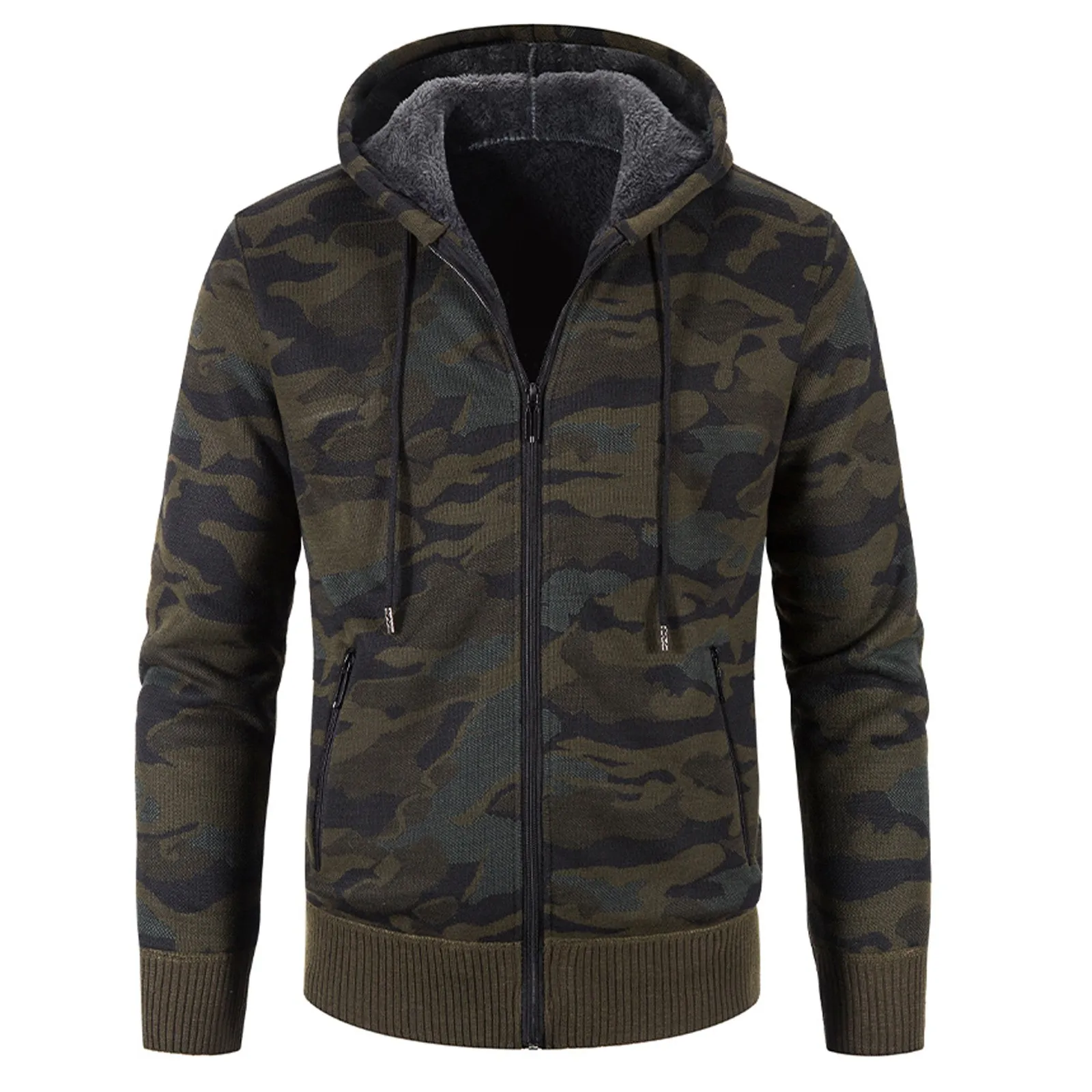 Camouflage Cardigan Coat Men Winter Long Sleeved Warm Cardigan 2021 Casual Plus Velvet Hooded Sweater Jacket Outwear for Man 1