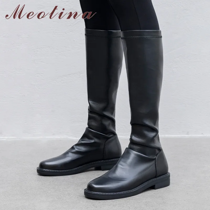 

Meotina Winter Knee High Boots Women Natural Genuine Leather Flat Long Boots Pleated Round Toe Shoes Lady 2019 Autumn Size 34-39
