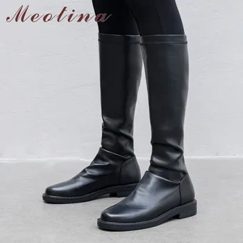 

Meotina Winter Knee High Boots Women Natural Genuine Leather Flat Long Boots Pleated Round Toe Shoes Lady 2019 Autumn Size 34-39