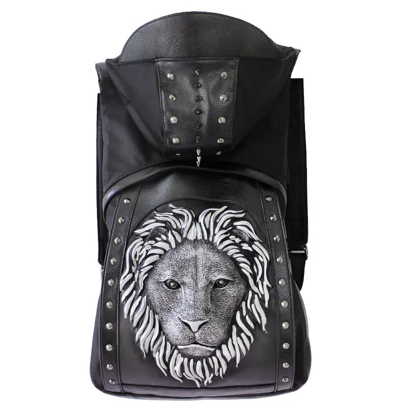 lion silver Кожаный рюкзак с черепом, новинка, модный персональный 3D рюкзак с заклепками и черепом, капюшон, сумка для одежды, сумки через плечо, мужской рюкзак в стиле хип-хоп - Цвет: lion silver