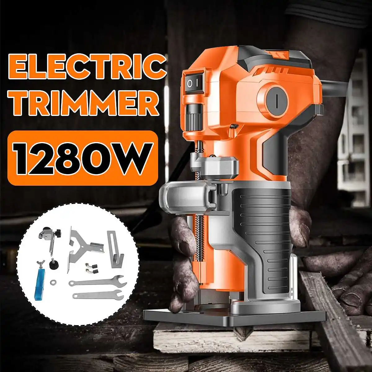 1200W Wood Electric Trimmer Electric Laminate Edge Trimmer Engraving Carving Trimming Machine with Woodworking Router Drill Bits