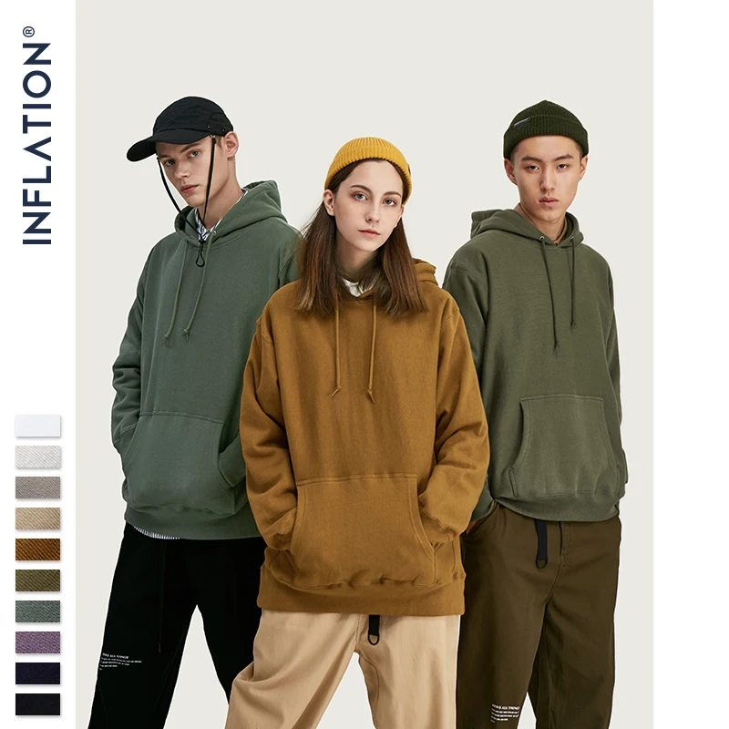 Beste INFLATIE FW 2019 Dropped Schouders Mannen Hoodies In Pure Kleur Mannen Basic Oversized Mannen Hoodies Herfst Winter Paar Hoodies 9689W