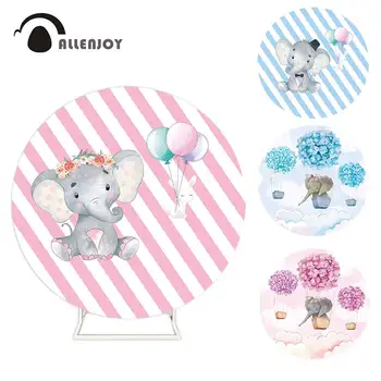 

Allenjoy Elephant Round Backdrop Boy Baby Shower Balloon balloon stript Background Birthday Baptism Mini Table Cover Party Decor