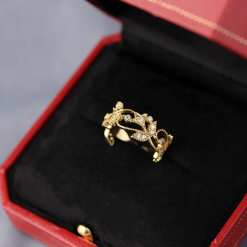 Classic Luxury Openwork Leaf Zircon Gold Rings for Woman Bride Wedding Ring Female Fashion Jewelry Accessory Anniversary Gifts | Украшения