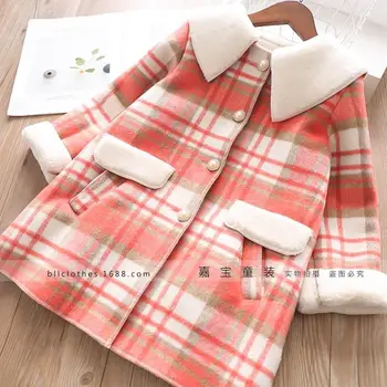 

Girls Velvet Plaid Woolen Coat Autumn Winter New Medium Length Plush Thickened Hooded Outerwear Children's Woollen Jacket Warm