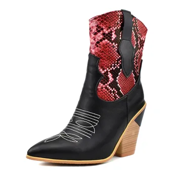 

Autumn Winter Women Boots Fashion Ankle Boots Snake Print Wedges High Heel Mid Calf Boots Pointed Toe Western Boots Big Size 43