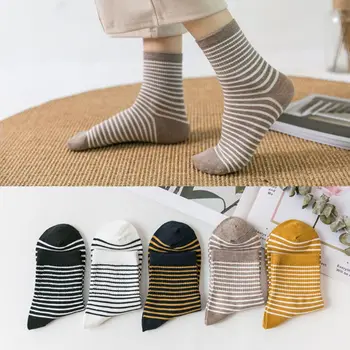 

2020 5 Pairs Korean Fresh Style Women Contrast Color Thin Stripes Cotton Crew Socks