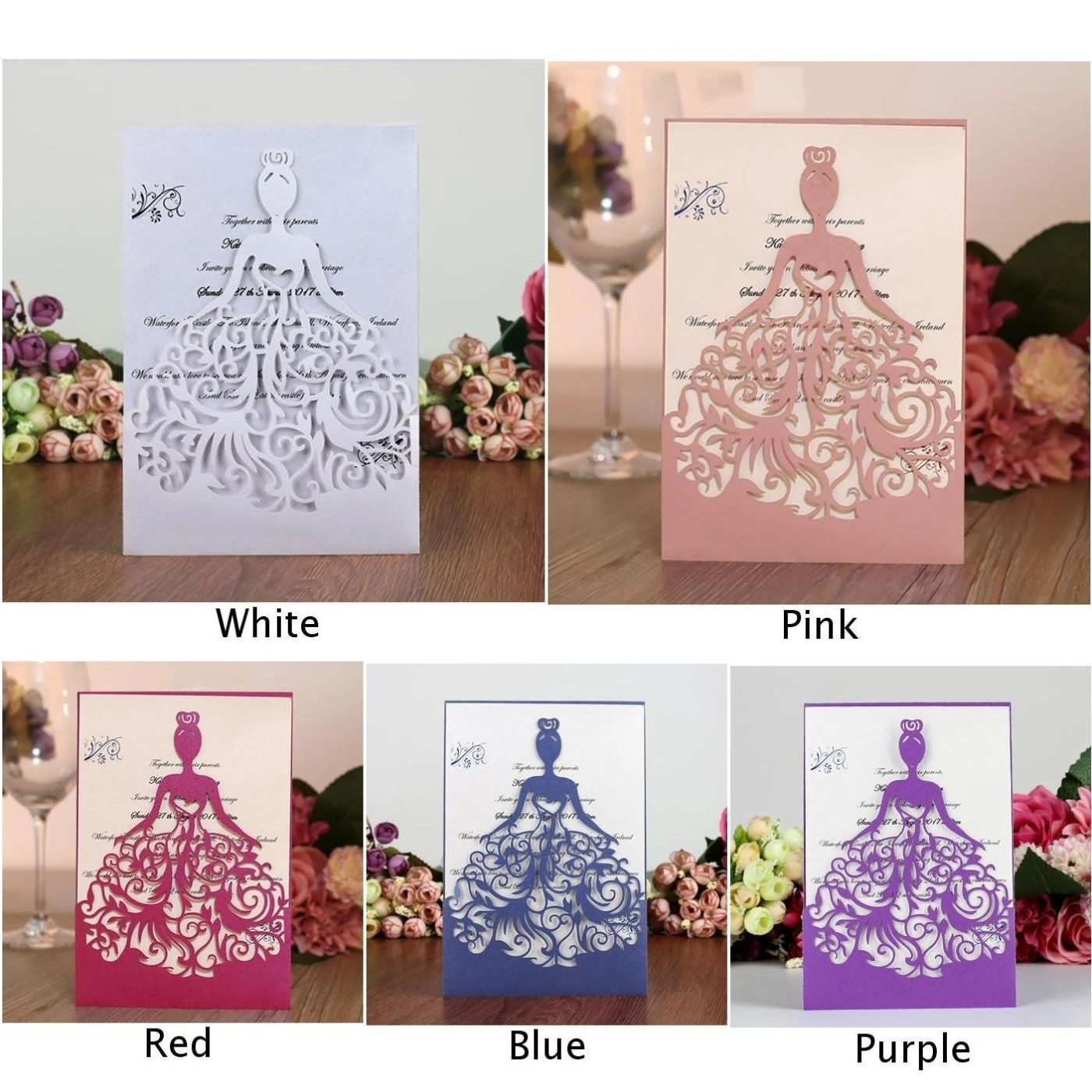  25Pcs Personalised Hollow Pink Flower Laser Cut Wedding Party Invitations Cards - 4.0005E+12