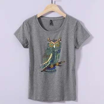 

2019 women's new round neck handmade beaded owl tide women's t-shirt fashion was thin shirt gray