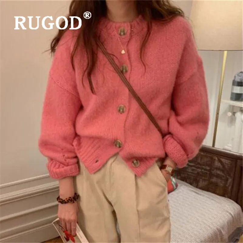 RUGOD, милый вязаный кардиган с круглым вырезом, Kawaii, свитер, женские свитера,, зимние топы для женщин, вязаная одежда, модная, милая