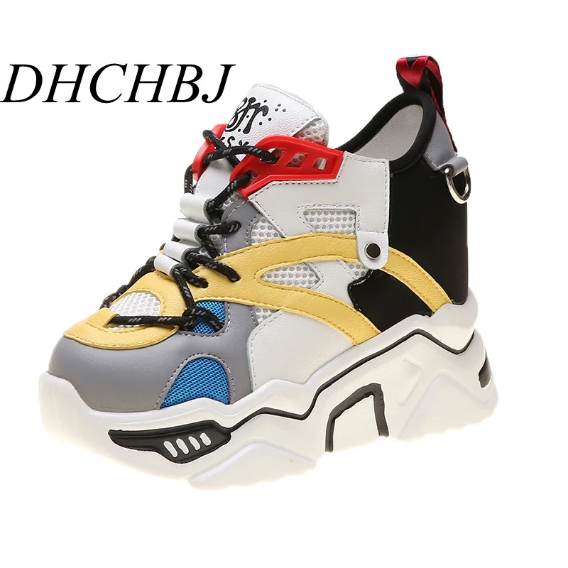 Cena 2019 moda kobiety platformy buty w stylu casual Mesh oddychające buty na koturnie buty 9.5CM jesień grube podeszwy trampki zimowe botki