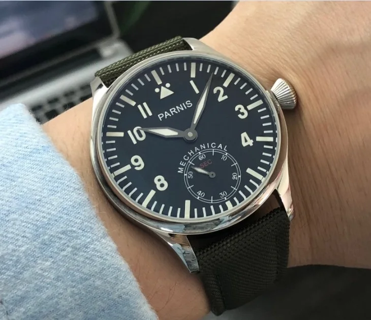 

Sapphire crystal or mineral glass 44mm PARNIS Black dial Asian 6498 Mechanical Hand Wind movement luminous men's watch pa177-p8