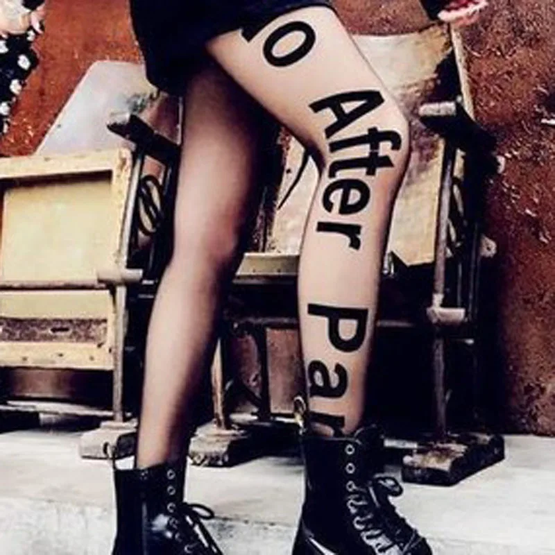 Женские черные прозрачные колготки с буквенным принтом|Колготки| |