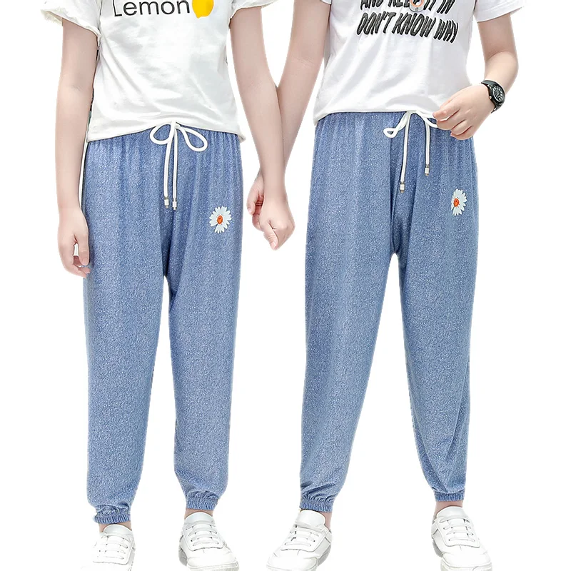 Брюки детские длинные мягкие дышащие из тенселя с маргаритками Модные свободные