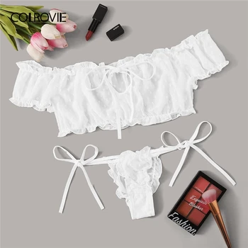 

COLROVIE White Frill Trim Tie Front Lingerie Set Women Polka Dot Intimates 2020 Sexy Sets Bra and Thongs Sheer Chiffon Sets