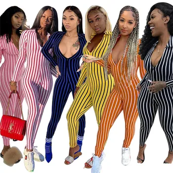 

Fashion Womens V-Neck Clubwear Playsuit Bodycon Party Long Jumpsuit Striped Jumpsuits