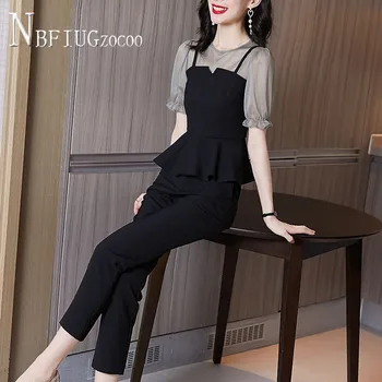 

2020 Plus Size Summer New Slim Women Sets Chiffon Blouse And Pants Female Sets