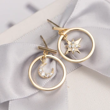 

ZS Moon Star Asymmetric Stud Earrings For Women Girls 3 Colors CZ Crystal Dangle Earring Female Cute Ear Piercing Silver Jewelry