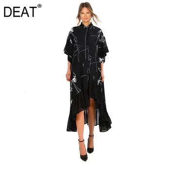 

DEAT 2020 New Summer Fashion Women Clothes Turn-down Collar Flare Sleeves Printed Loose Long Dress Ruffles WG11401 Free Size