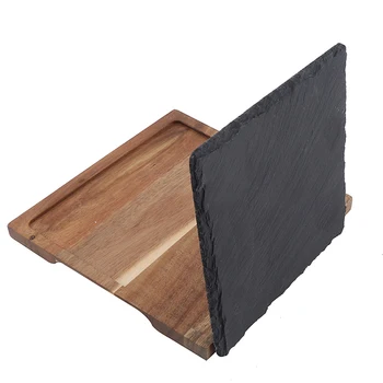 

Western-style Japanese Solid Wood Wooden Tray Black Slate Plate Ovelty Design Solid Wood Snack Disc Wood Tray Slate Bread Plate