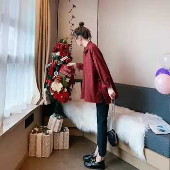 

Spring 2020 Women's Long Shirt Red Green Gray Lapel Long Sleeve Loose Blouse Cotton Women's Tops X208